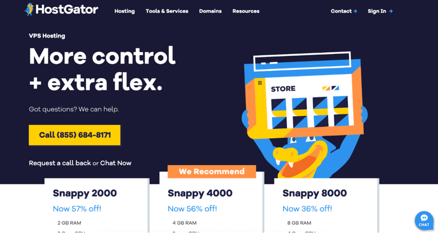 HostGator VPS Hosting ad featuring an alligator holding a screen with "STORE" and discount offers for various hosting plans.
