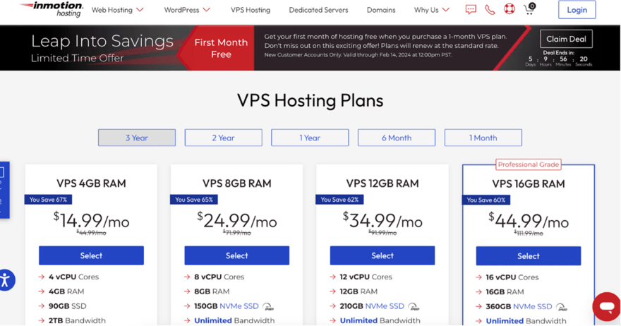 InMotion Hosting promotion for VPS plans, highlighting discounts on 4GB to 16GB RAM options, with a countdown for a limited-time offer.