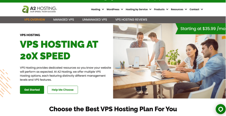 A2 Hosting VPS promotion with an image of three people working on computers, highlighting "20X SPEED" and starting prices of $35.99/month.