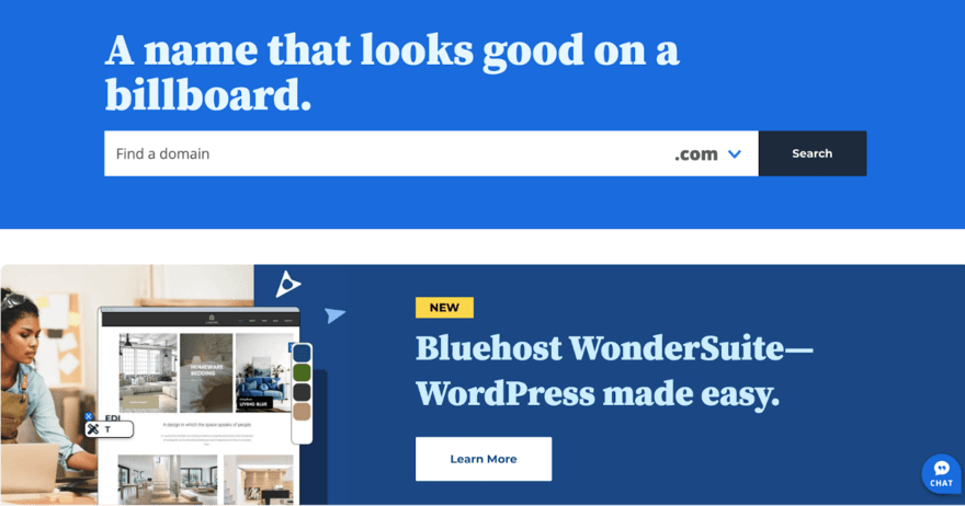 Bluehost web hosting service homepage featuring a domain search bar and advertising their new product, Bluehost WonderSuite, with a tagline 'WordPress made easy.'