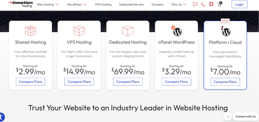 InMotion Hosting website showcasing various hosting plans including Shared, VPS, Dedicated, and WordPress hosting, with prices starting from $2.99 to $69.99 per month.