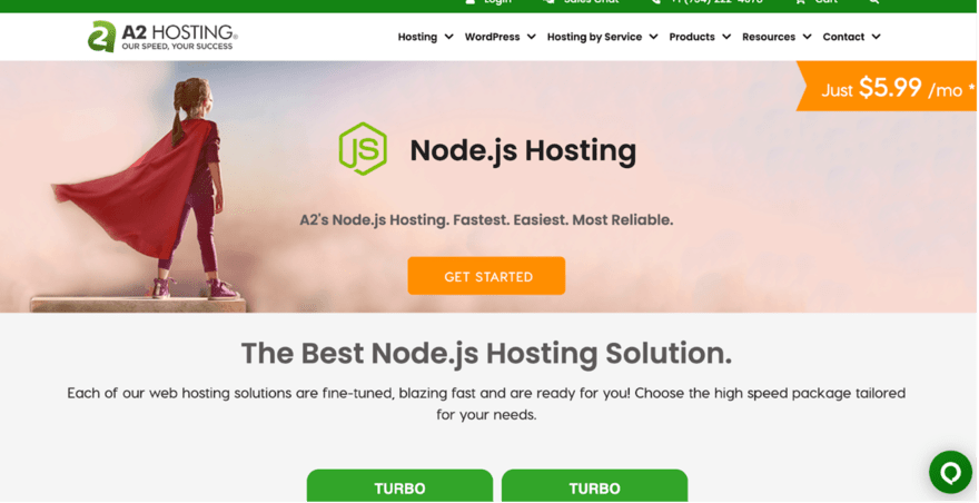 A2 Hosting's promotional banner for Node.js Hosting at $5.99 per month, featuring a child in a superhero cape standing confidently on a pedestal.