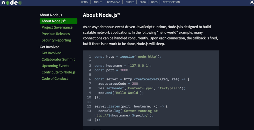 Node.js official website section describing Node.js with an example of "hello world" server code in JavaScript, highlighting asynchronous event-driven architecture.