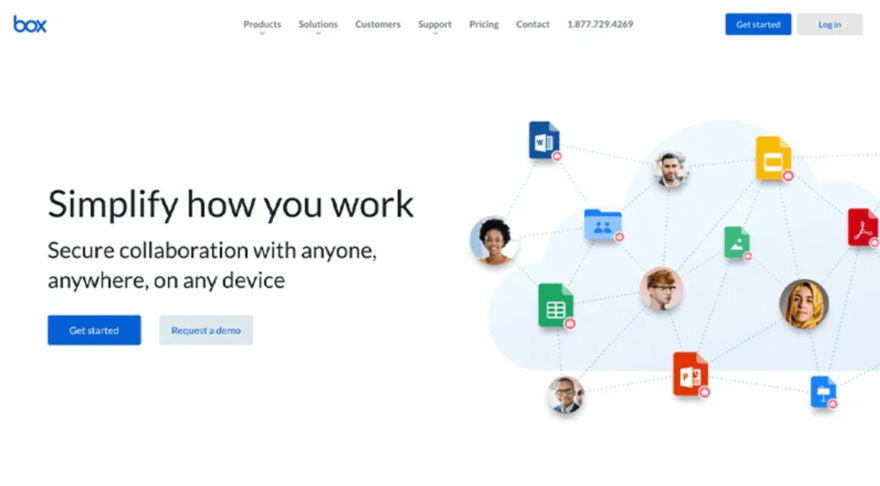 A webpage header from 'Box' showcasing a network diagram of people and document icons with the slogan 'Simplify how you work - Secure collaboration with anyone, anywhere, on any device.