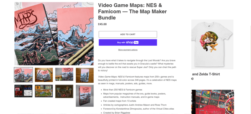 a product page for a video game book about maps, with description and price