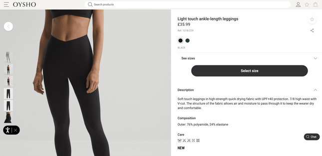 Product page for yoga leggings from yoga brand Oysho