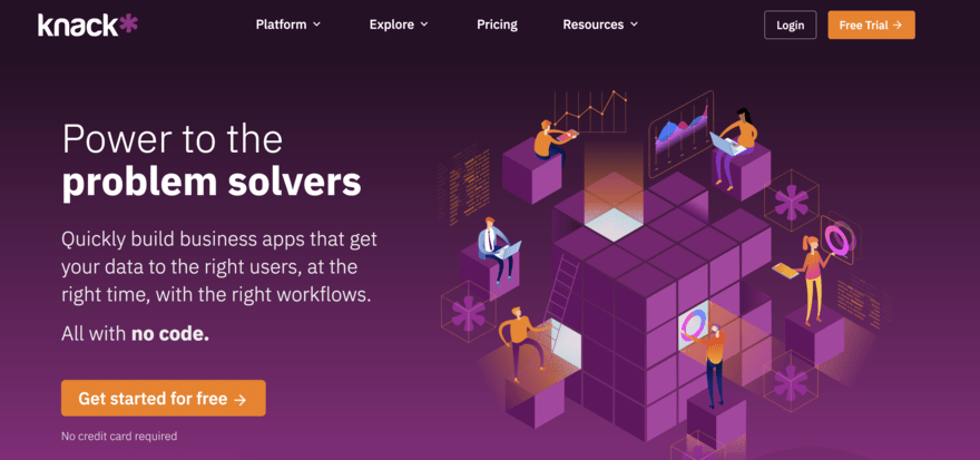 Knack tool "get started" page with graphic of people working around a purple rubix cube