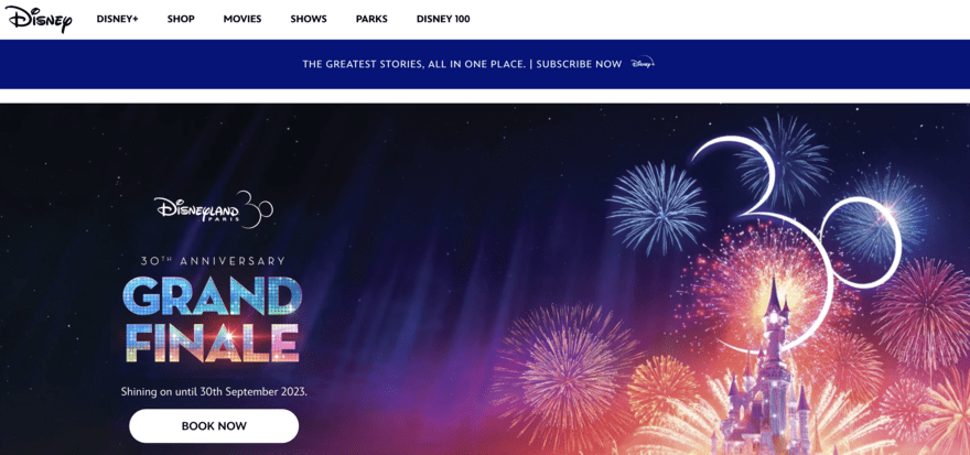 Disney homepage showing Disney castle surrounded by fireworks