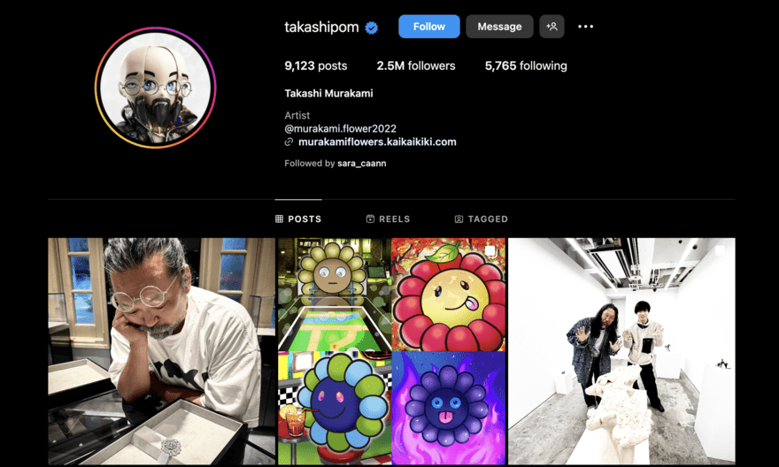 An Instagram profile with colorful artwork, a profile photo of the artist, and stats showing millions of followers.
