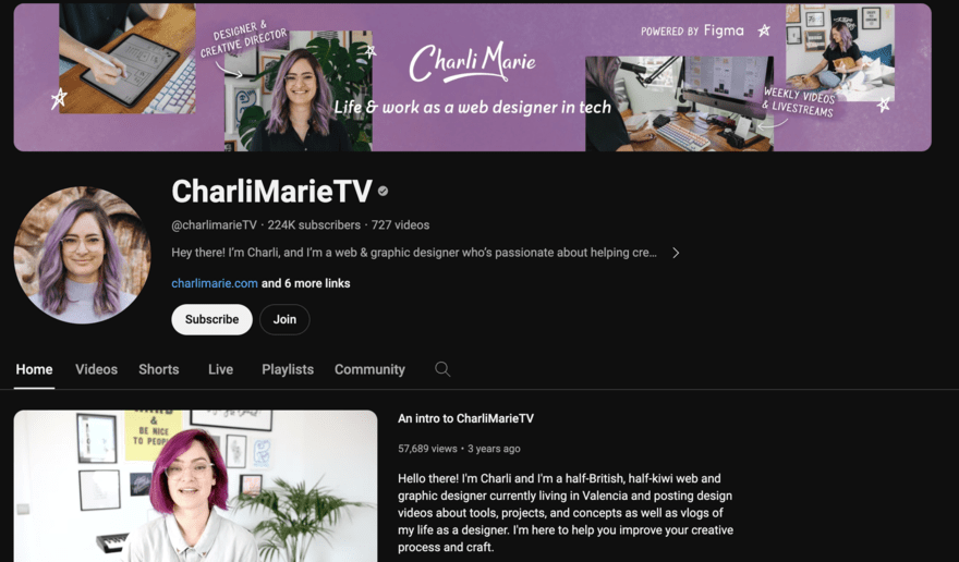 CharliMarieTV YouTube channel header showcasing the life and work of a web designer