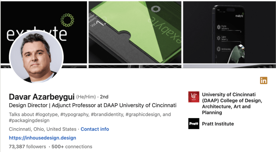 LinkedIn profile of Davar Azarbegui, Design Director and Adjunct Professor, with branding examples.