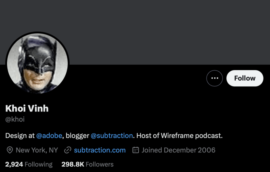 Twitter profile of Khoi Vinh, a designer at Adobe and blogger, with a Batman profile picture.