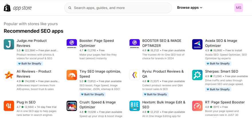 Shopify's app market showing recommended SEO apps