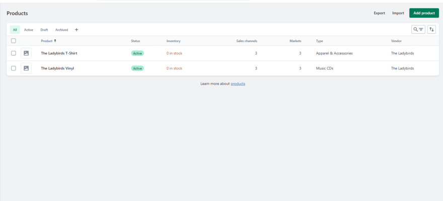 Shopify's product management dashboard showing 2 active products