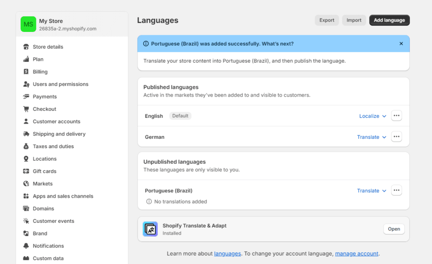 Shopify settings page for adding new languages to store