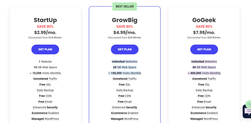 Siteground's three shared plans in boxes showing features