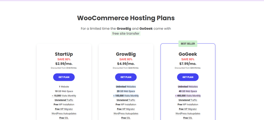 SiteGround's WooCommerce plans, showing the pricing and a button to sign up