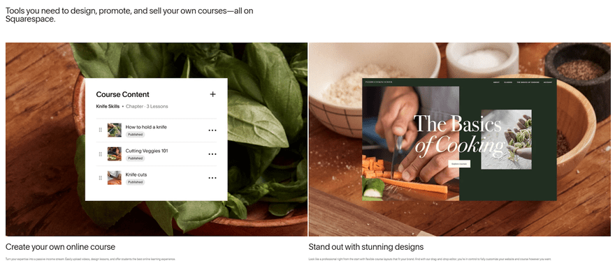 An image of the Squarespace Courses page, showing demo Squarespace courses webpages.