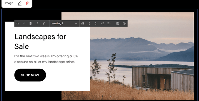 squarespace template designs for landscape sales, showing a cabin by a lake