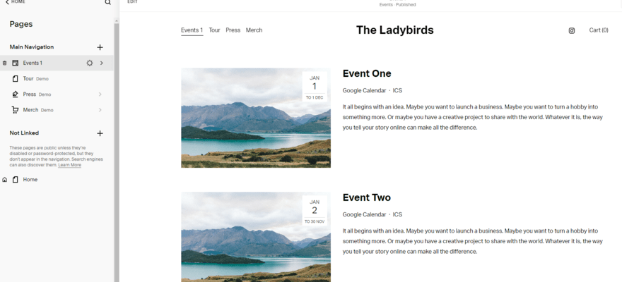 Events page on Squarespace dummy website