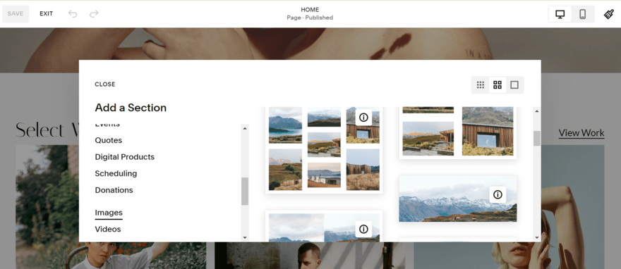 Squarespace library of image/gallery elements