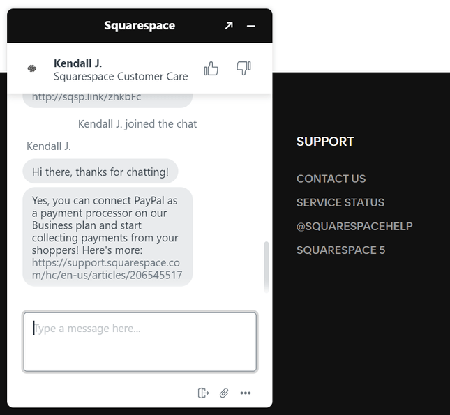squarespace support with live chat text messaging