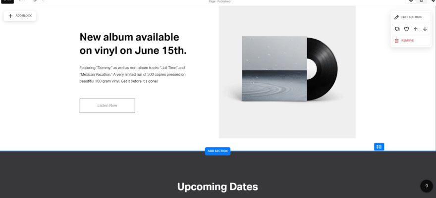 Squarespace template customized for musicians