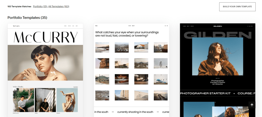 Squarespace template library filtered by portfolios