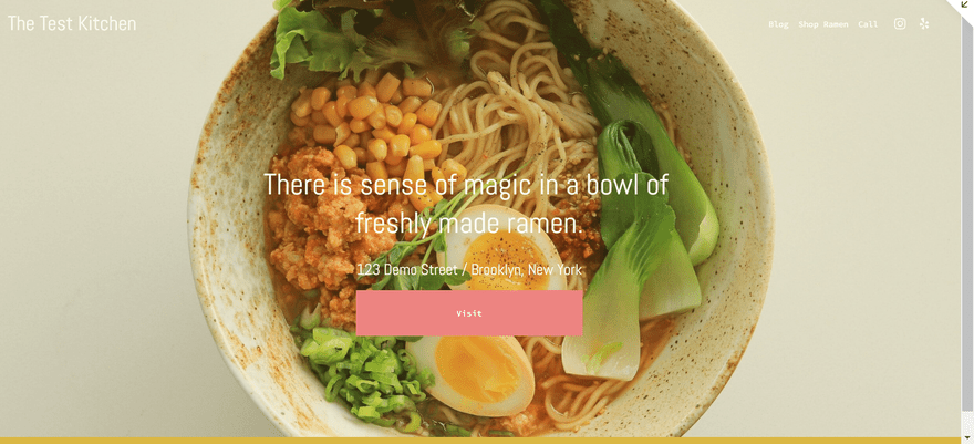 A website with a bowl of ramen in the middle and a small arrow in the top right corner