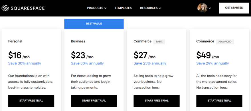 Screenshot of Squarespace pricing page.