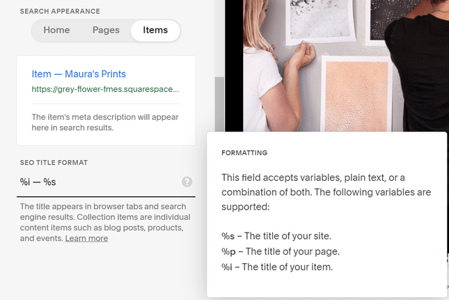 squarespace seo tools split between on-page tools and then alt text for images