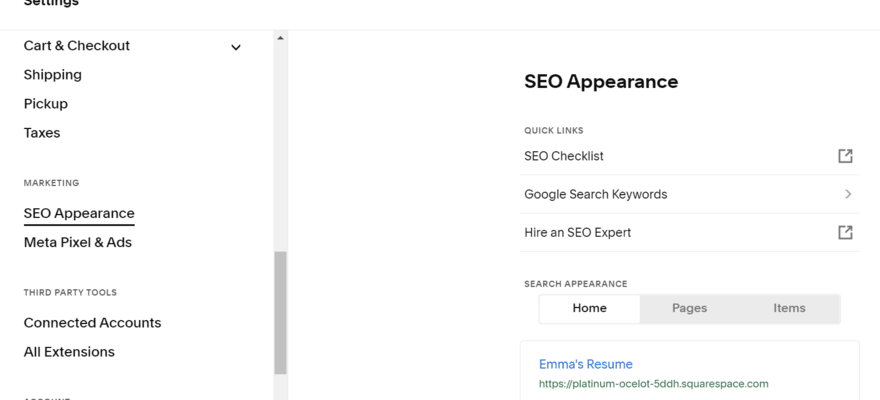 Squarespace SEO appearance settings