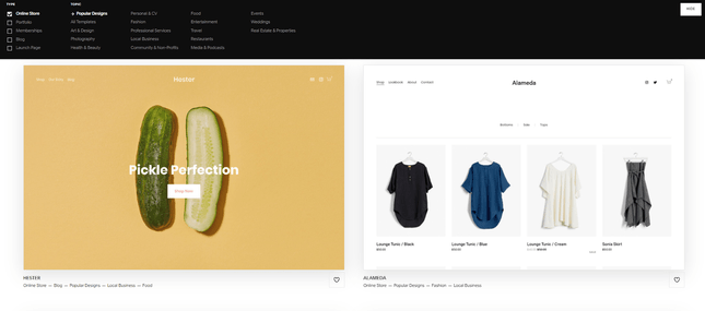 squarespace template designs with one half a pickle design and the other women's clothing