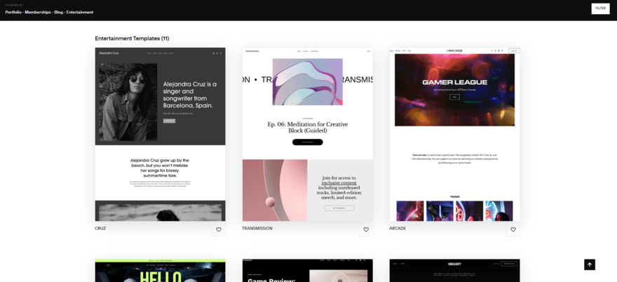Selection of templates from Squarespace