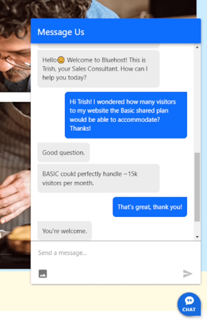 Bluehost live chat support conversation