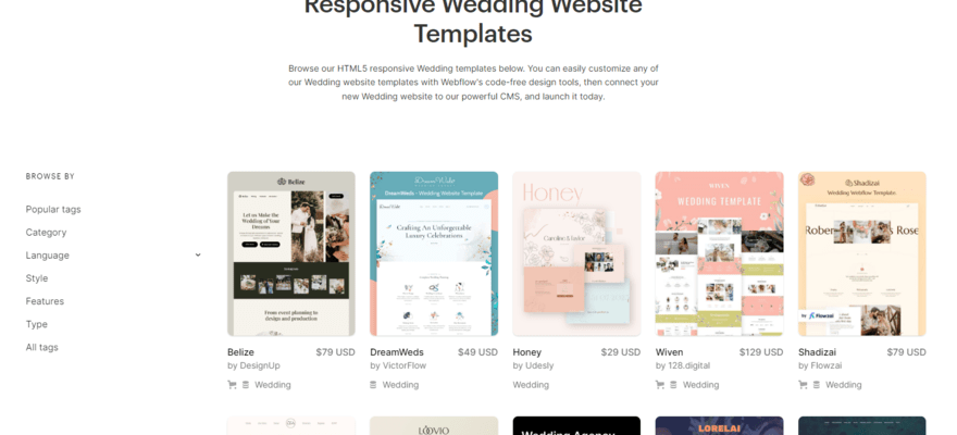 Selection of wedding templates by Webflow
