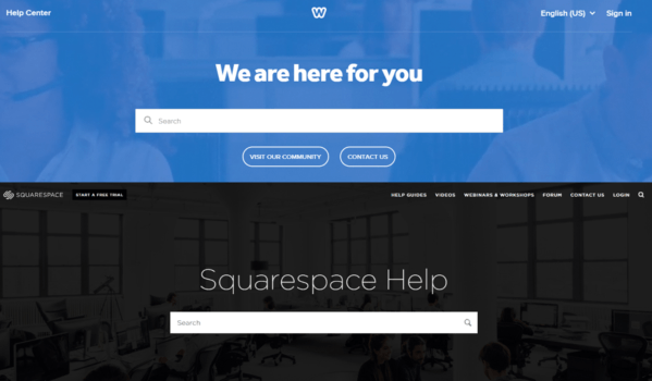 Weebly and Squarespace Help Centers placed on top of one another with Weebly in blue and Squarespace in black