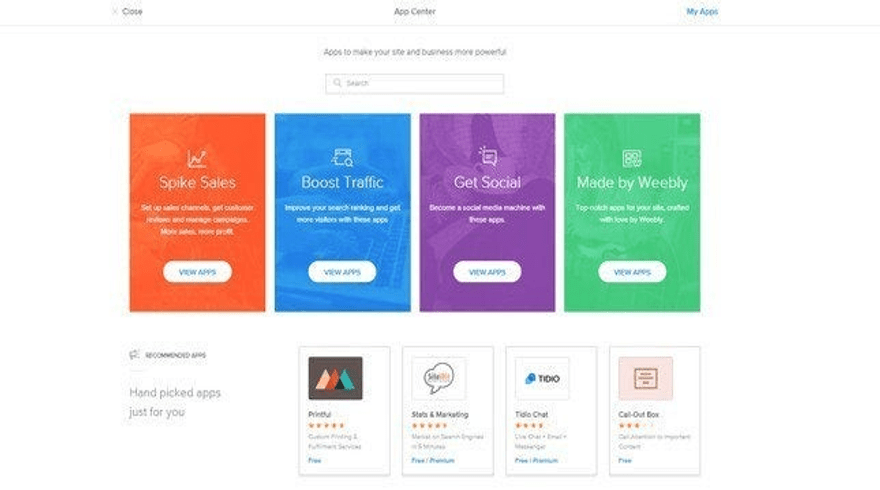 Weebly's app store featuring a selection of apps and categories such as "Boost Traffic" and "Get Social"