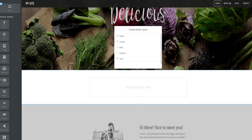 Editor view of a Weebly website featuring a box to choose the style of section you want to add to the page
