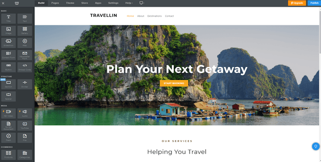weebly editor for atravel website showing a scenic southeast Asian bay with dock and islands in the backgorund