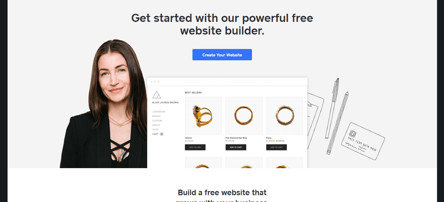 Homepage for Weebly website inviting visitors to sign up to an account alongside an example website image