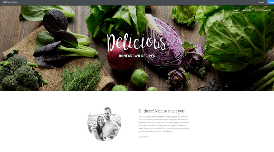 Preview of a Weebly website template featuring a large image of vegetables and an about us bio