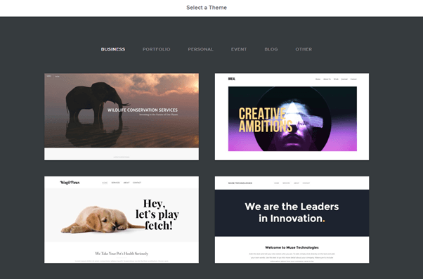 weebly themes on a dark background showcasing four, featuring an elephant, a dog, a vinyl and then just white text.