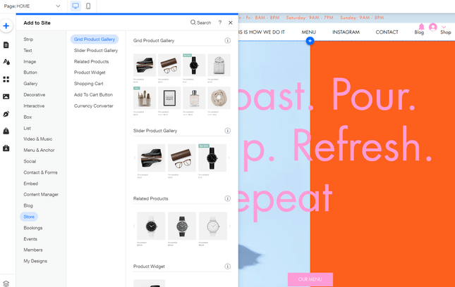 opening the store feature in the wix editor with menu and product items appearing on the left hand side