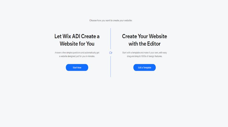 Wix ADI homepage on blank background with choice to use ADI or create website form scratch