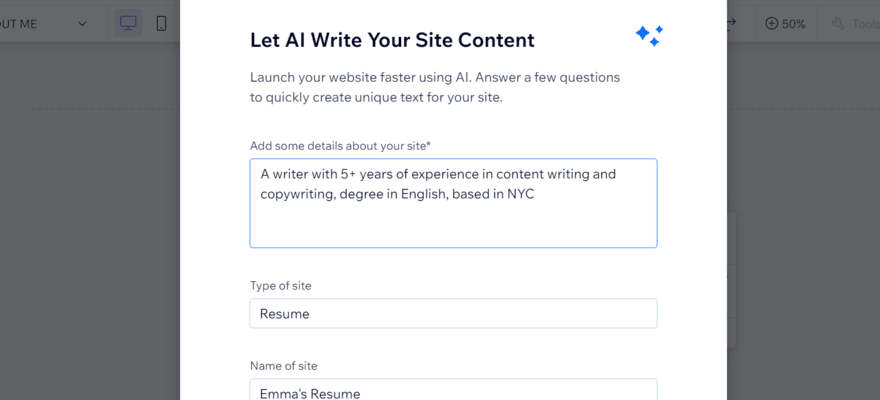 Wix AI text generator pop up box