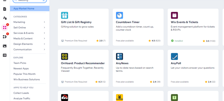 Wedding-related apps in Wix's app market