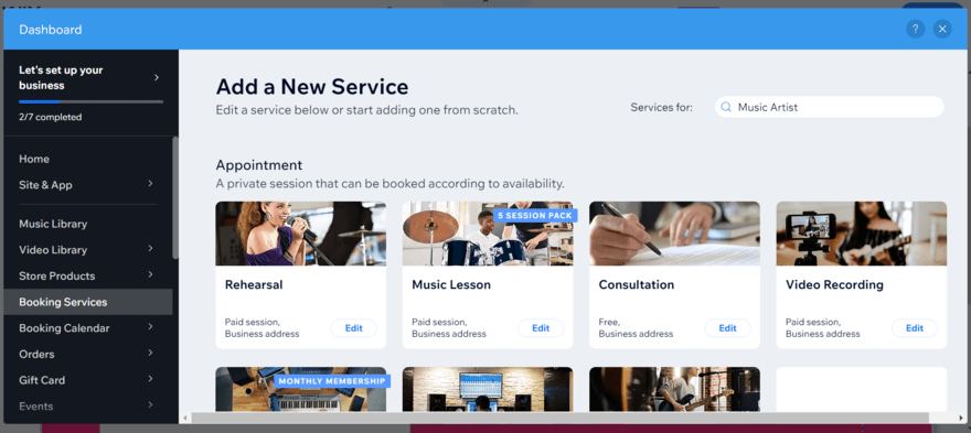 Wix Bookings dashboard inviting users to add a new service