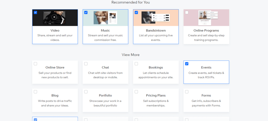 Wix onboarding questions to ask users what they want to add to their website
