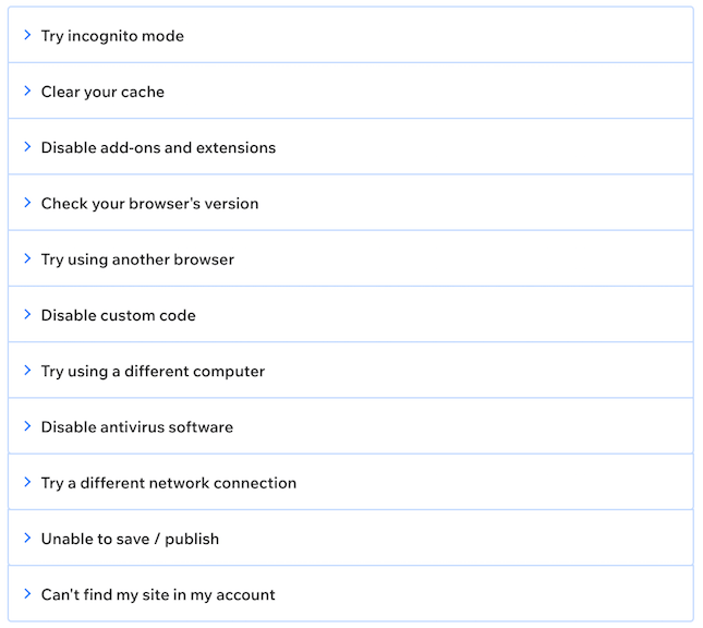 Wix Technical Assistant troubleshooting screenshot